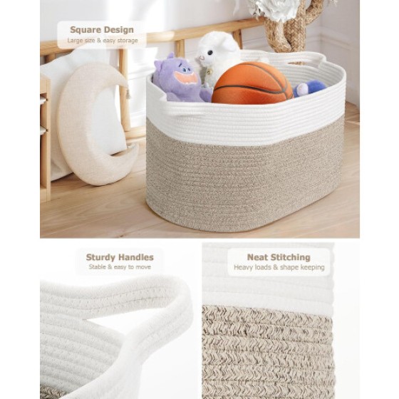 Large Storage Basket 55x38x30 cm, Woven Rope Basket for Clothes, Bedding, and Toys, White and Brown, 1 Pack
